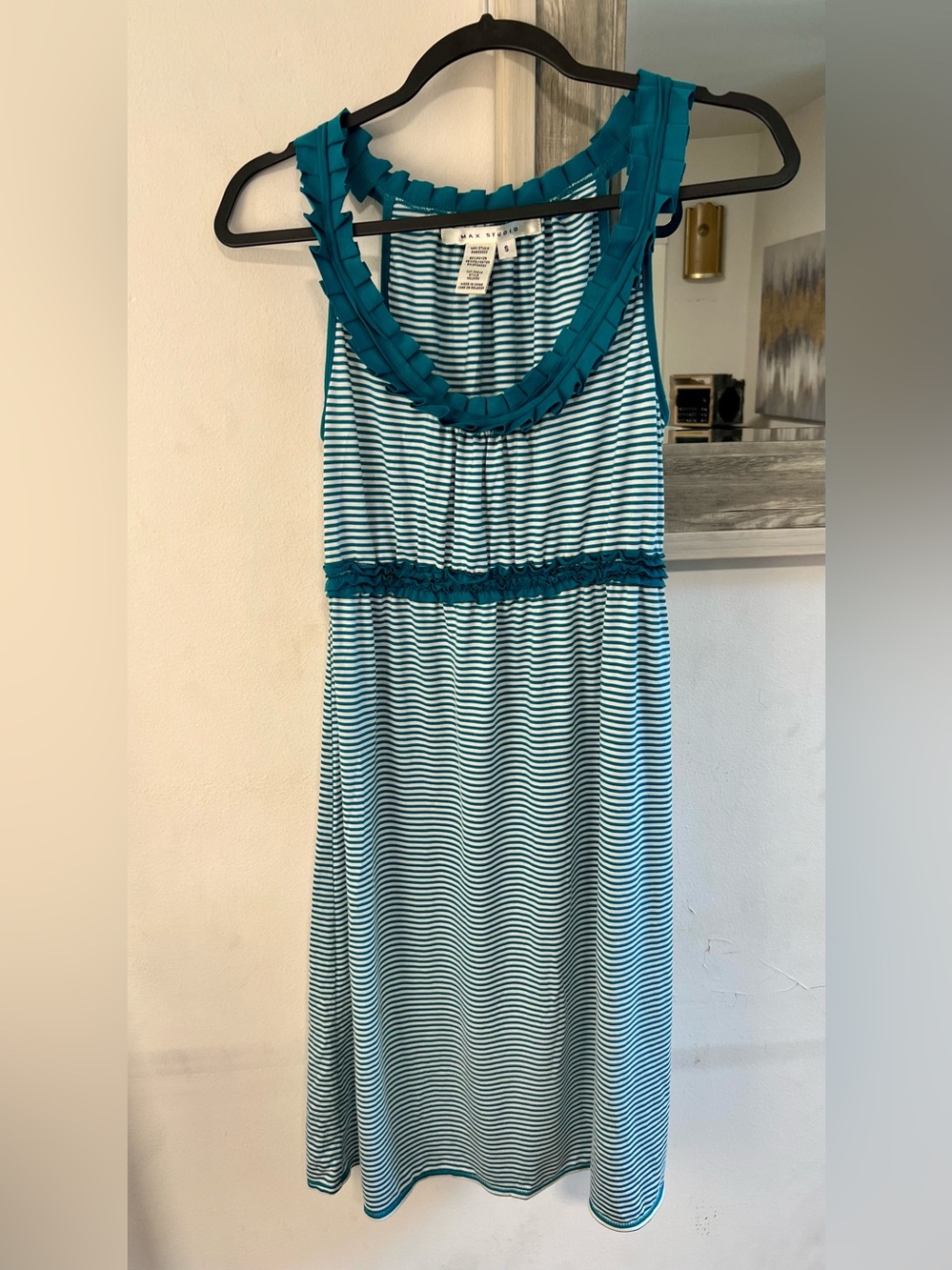 Max Studio Teal & White Striped Ruffled Neck Sleeveless Dress